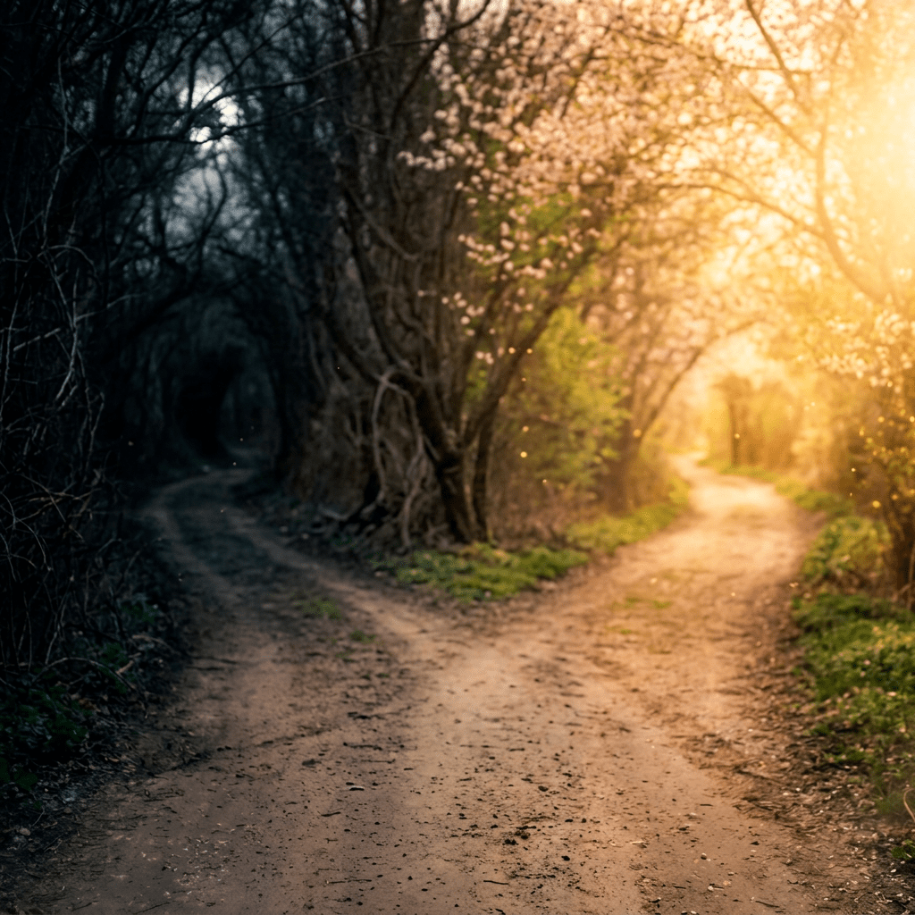 Man standing at a fork in a wooded path, facing sunlight and reaching out
